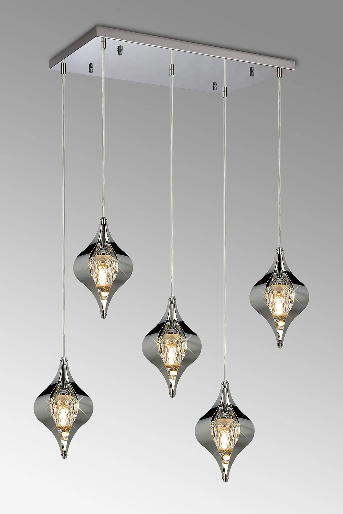 Amano Linear Rectangle Pendant, 5 Light Adjustable G9, Polished Chrome/Crystal